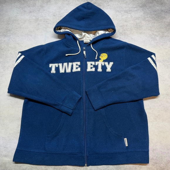 Looney Tunes Other - Vintage Looney Tunes Tweety Bird Fleece Zip Up Hoodie Navy Blue Large Y2K